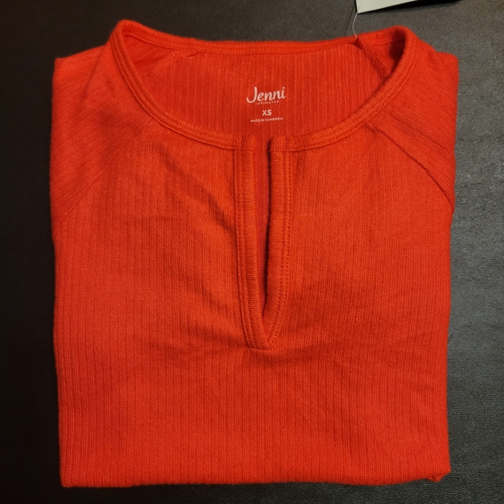 Jenni Split-Neck Pajama Top Papaya Punch Rib-Knit Sleep Shirt Loungewear XS-XL - Picture 3 of 3